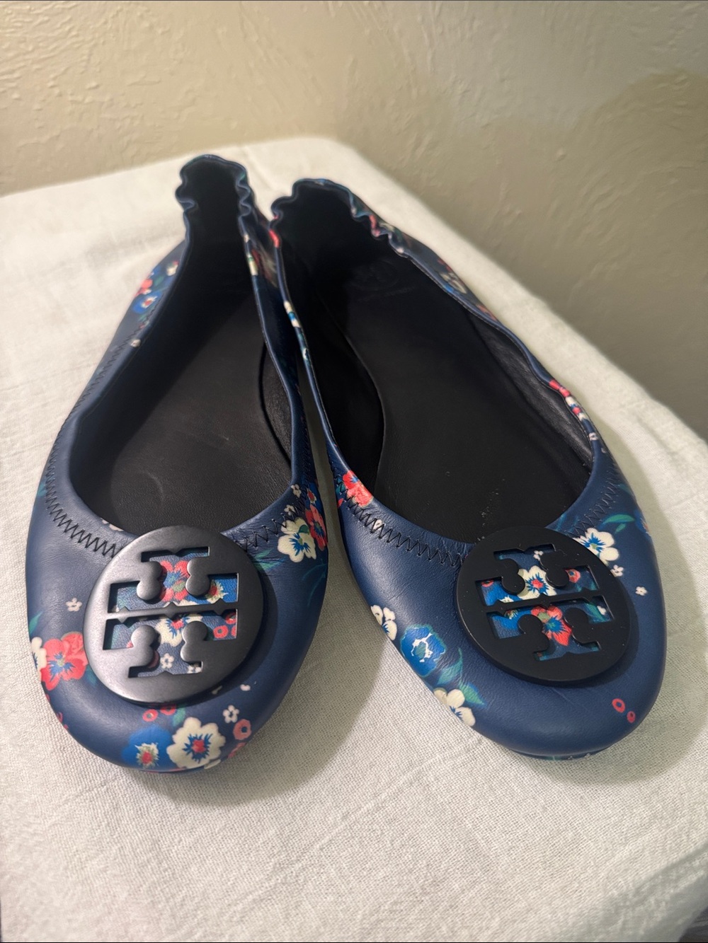 Tory Burch Navy Floral Logo Ballet Flats